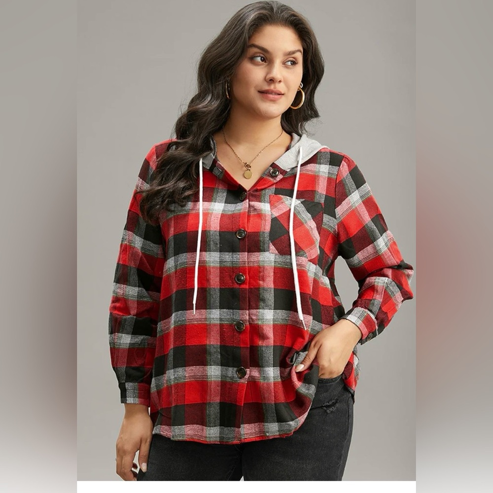 Bloomchic Plaid Patchwork Hooded Drawstring Butto… - image 7